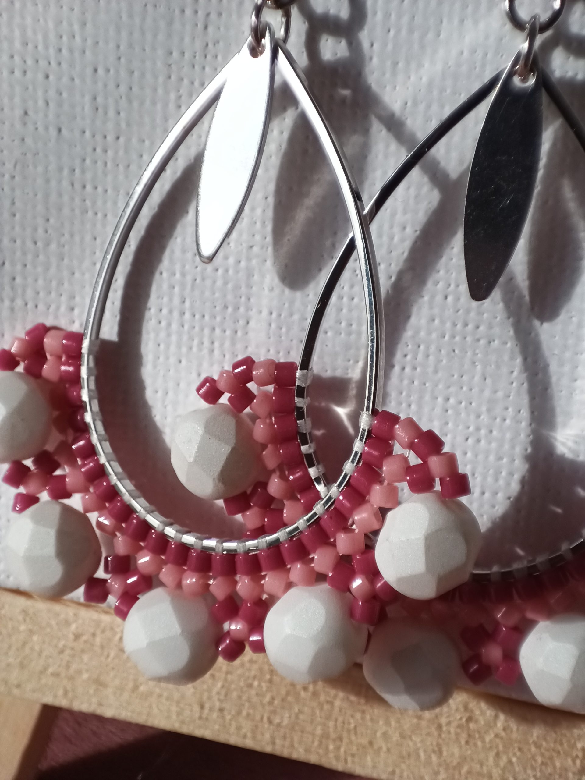 Boucles d’oreilles – Goutte Blanc et rose – Image 3