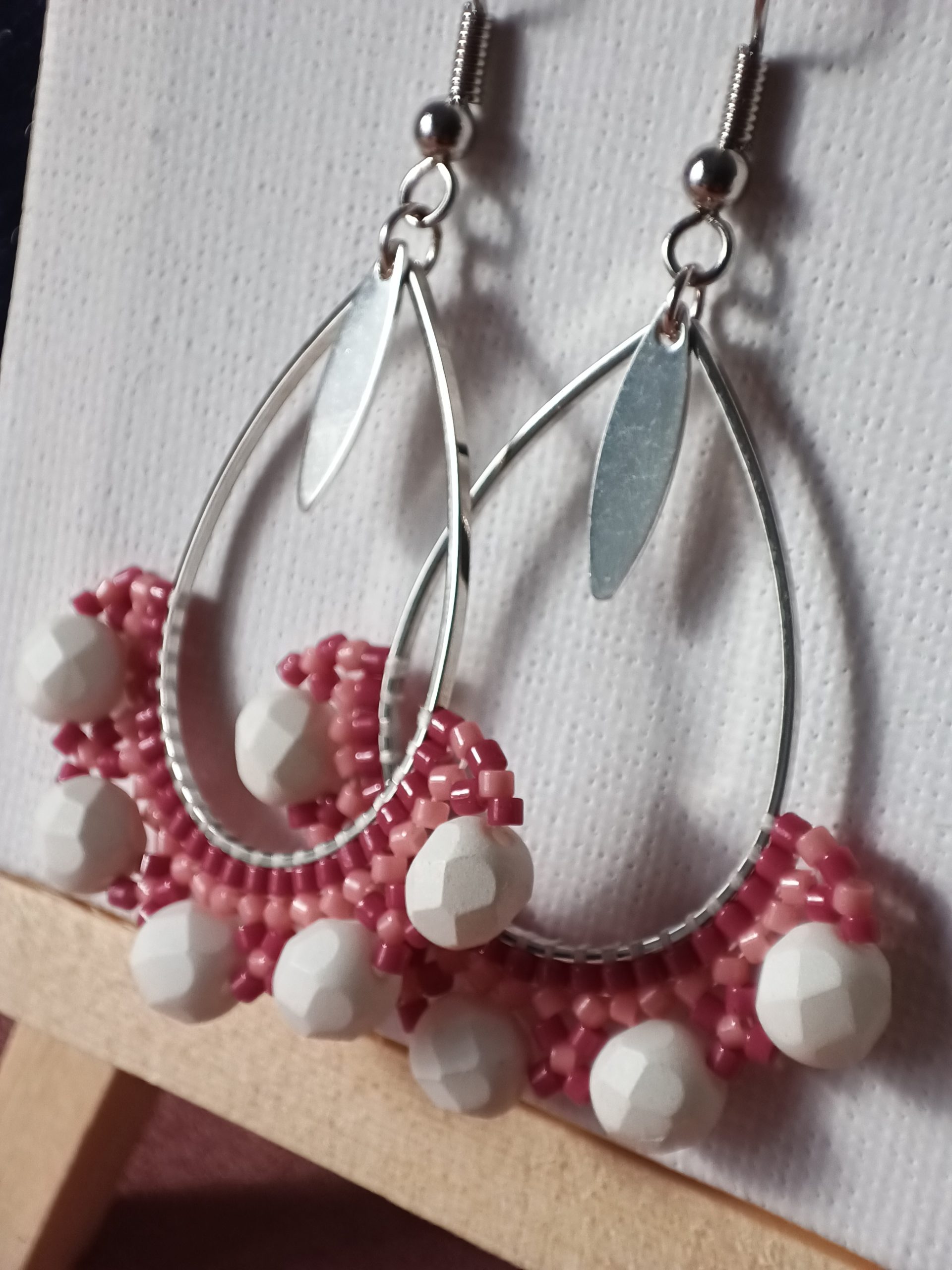 Boucles d’oreilles – Goutte Blanc et rose – Image 2