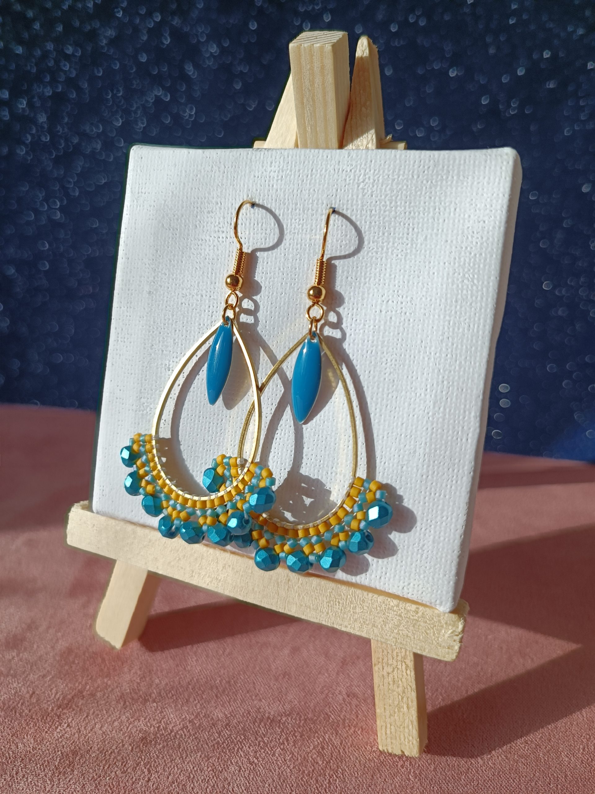 Boucles d’oreilles – Goutte Bleu pétrole et jaune moutarde