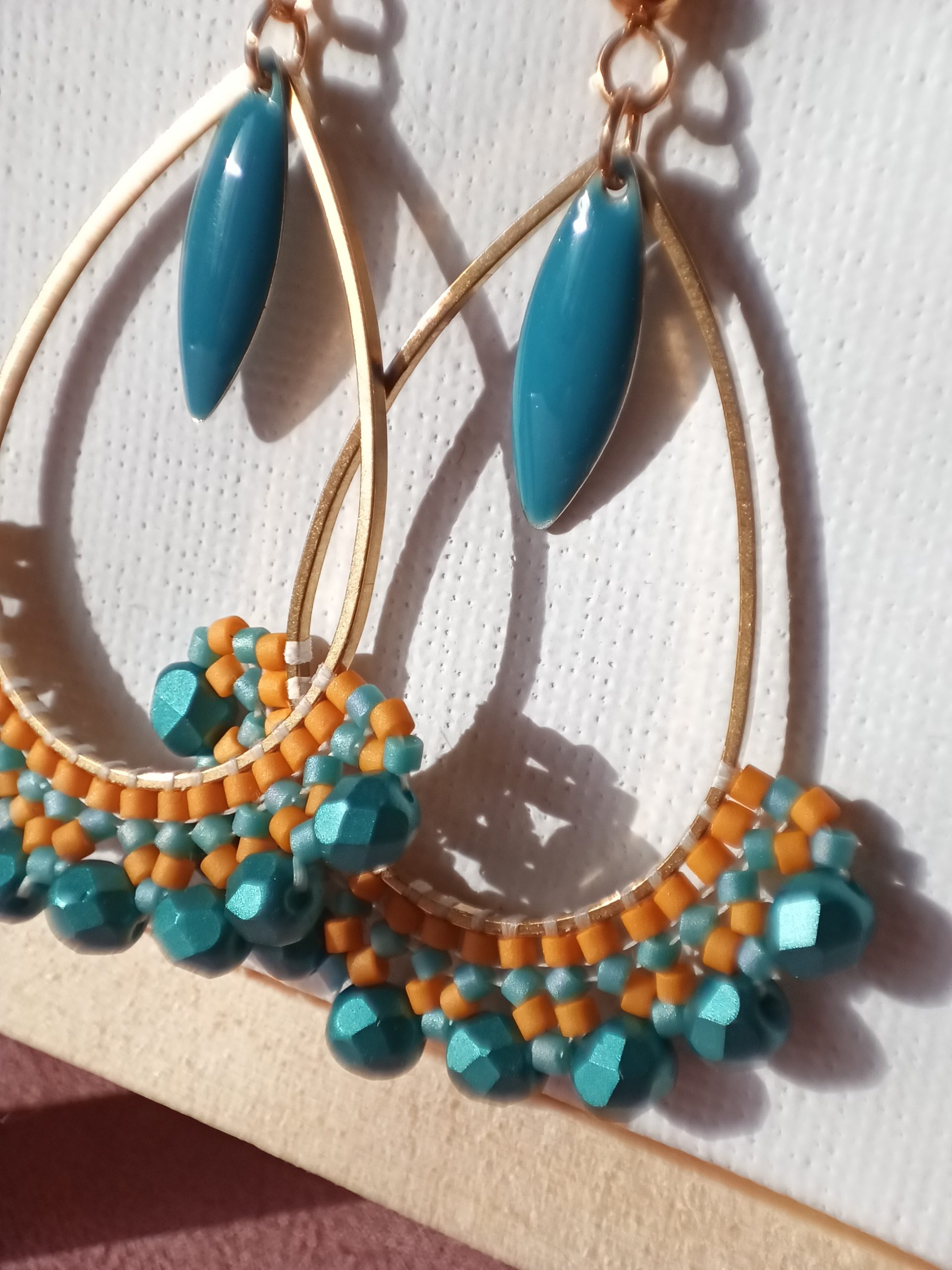 Boucles d’oreilles – Goutte Bleu pétrole et jaune moutarde – Image 2
