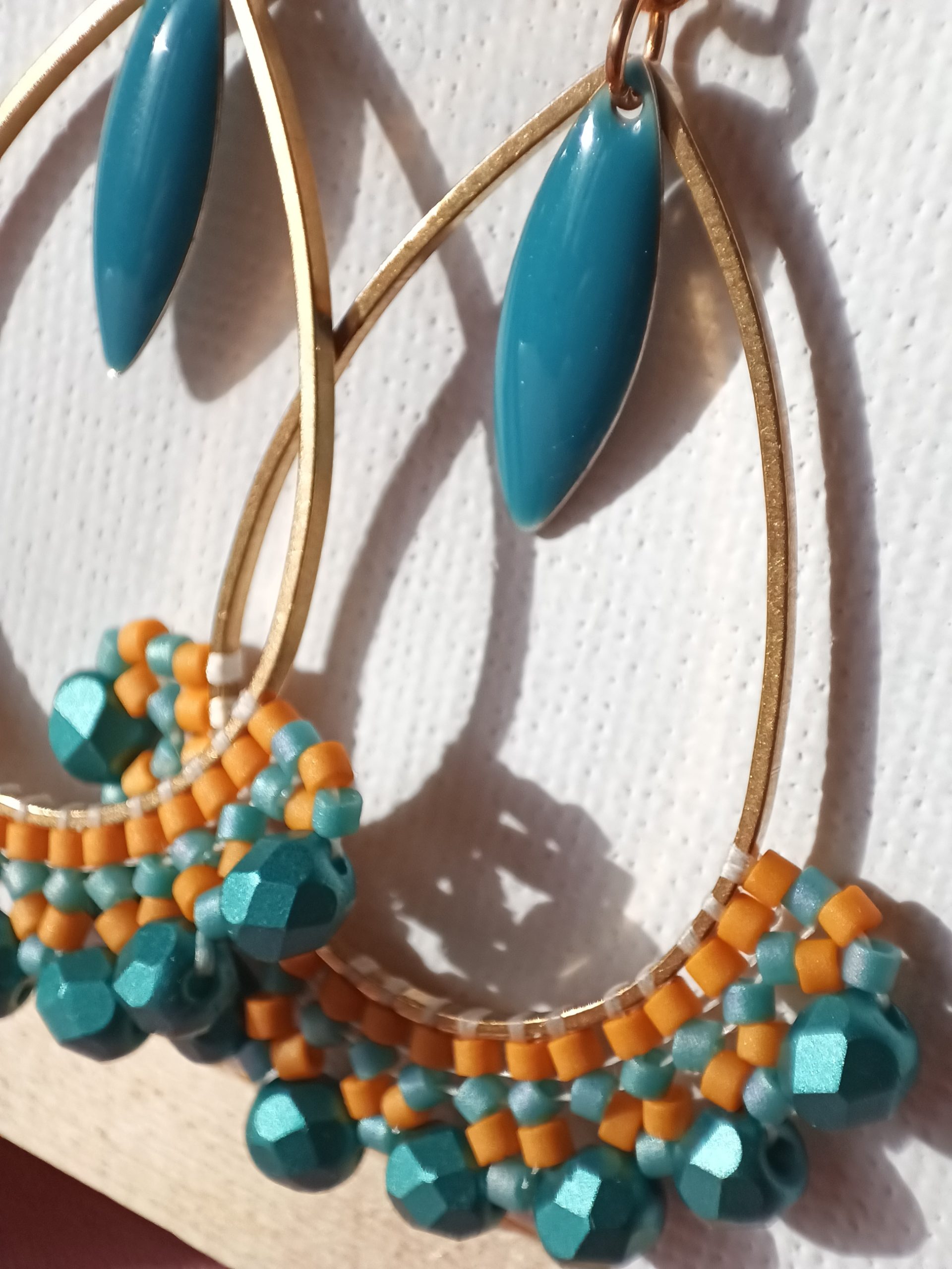 Boucles d’oreilles – Goutte Bleu pétrole et jaune moutarde – Image 3