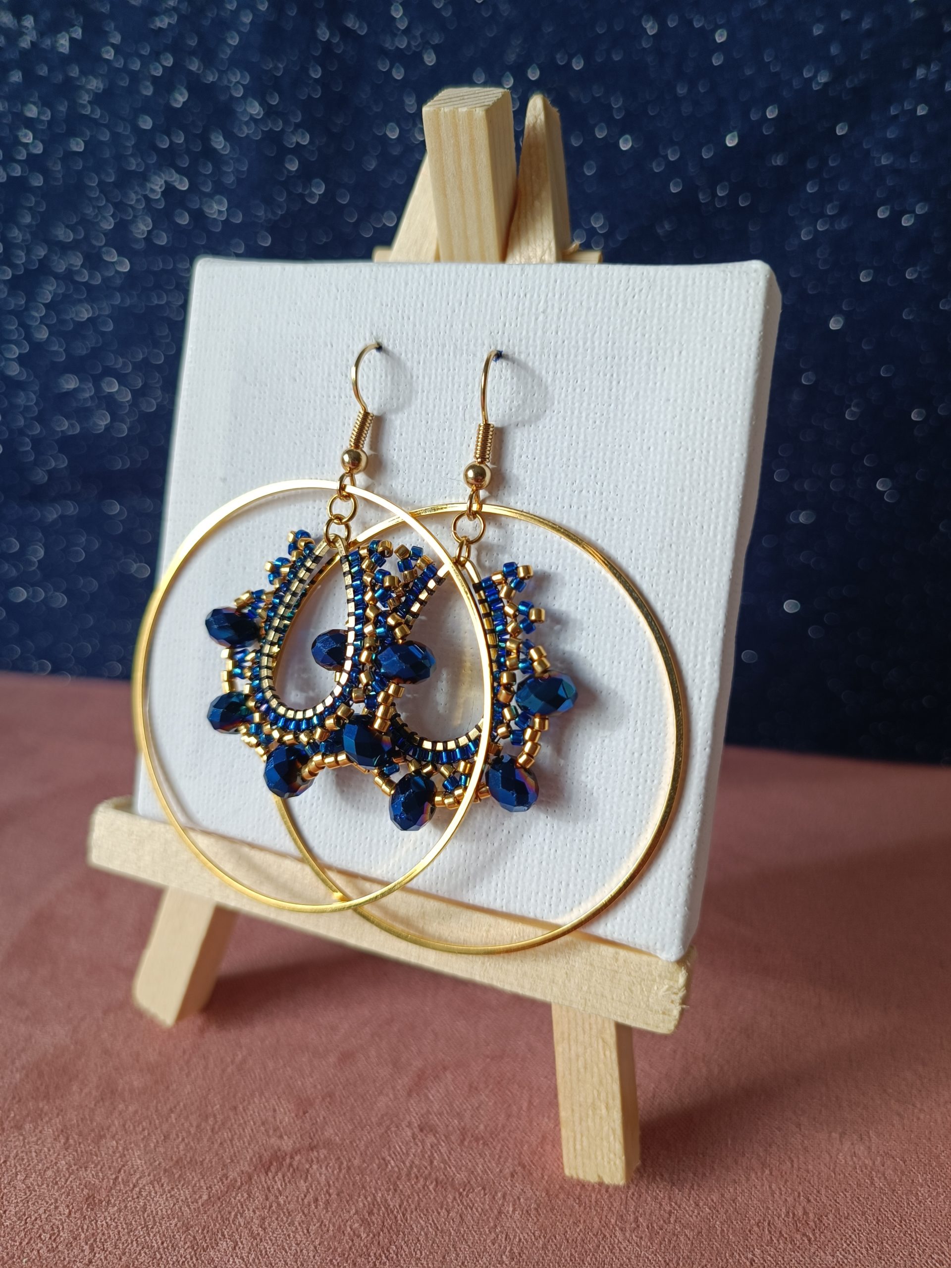 Boucles d’oreilles – Rond avec goutte pendentif Bleu doré