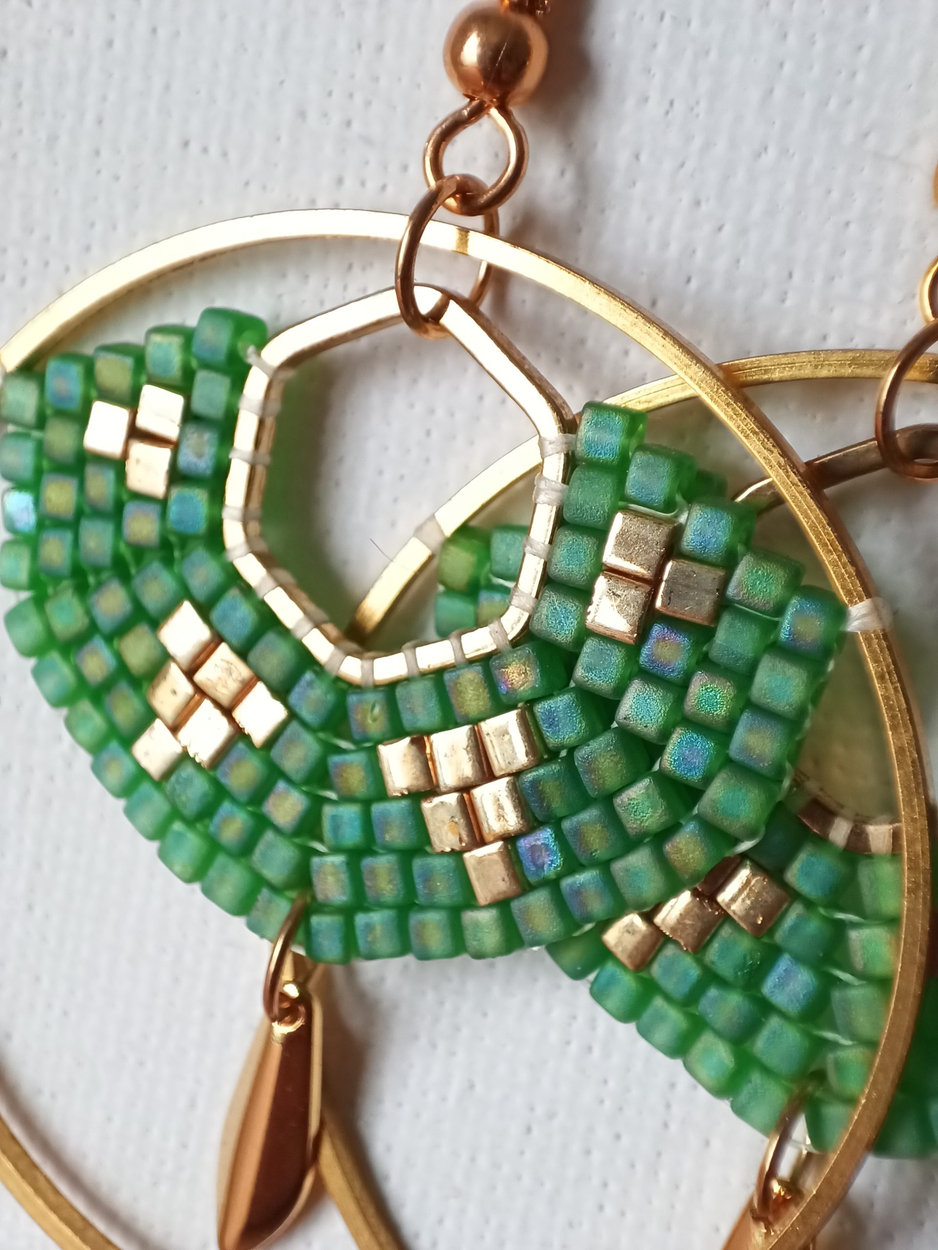 Boucles d’oreilles – Rond avec Hexagone Vert et doré – Image 2