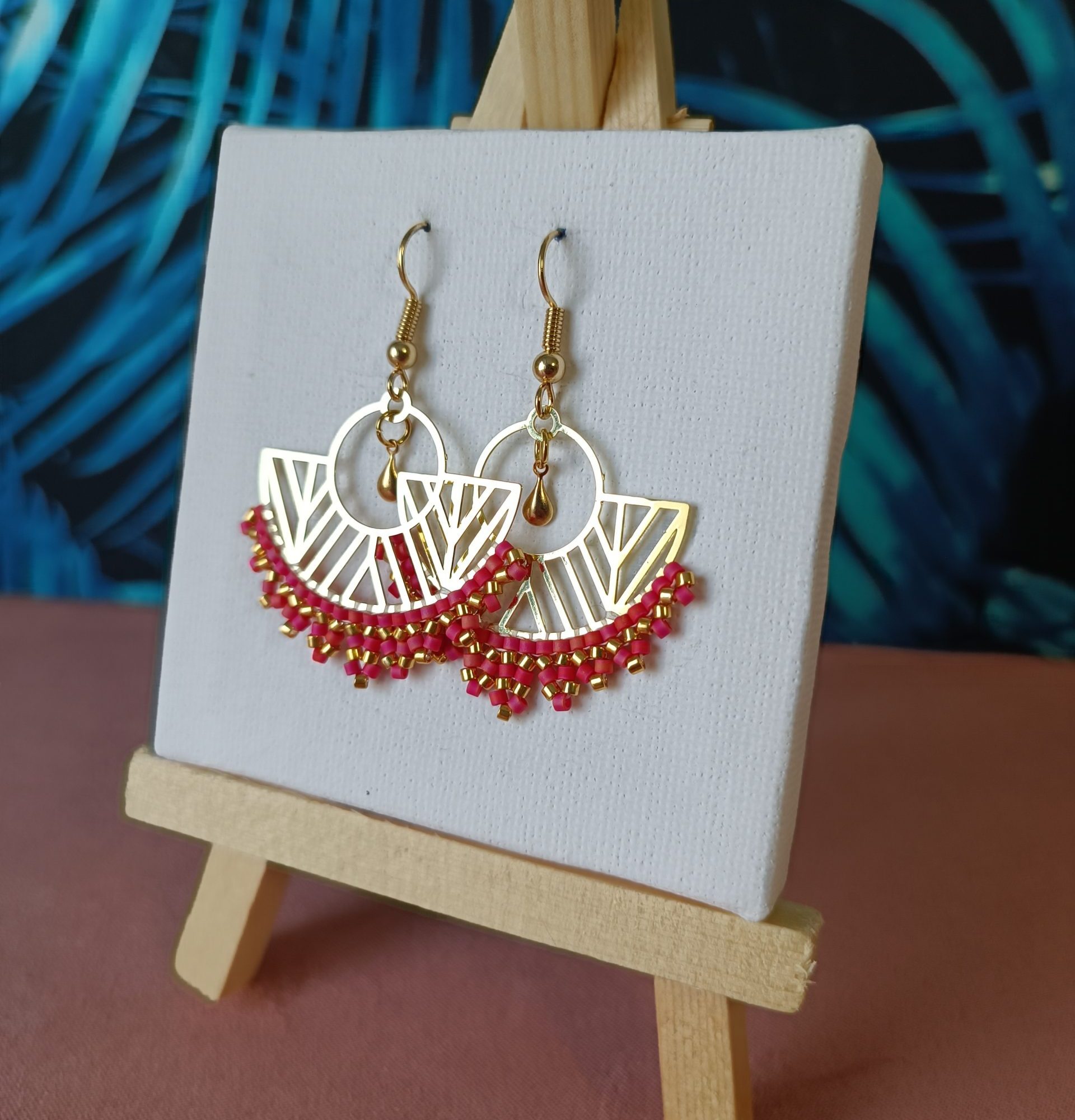 Boucles d’oreilles – Eventail doré et rose