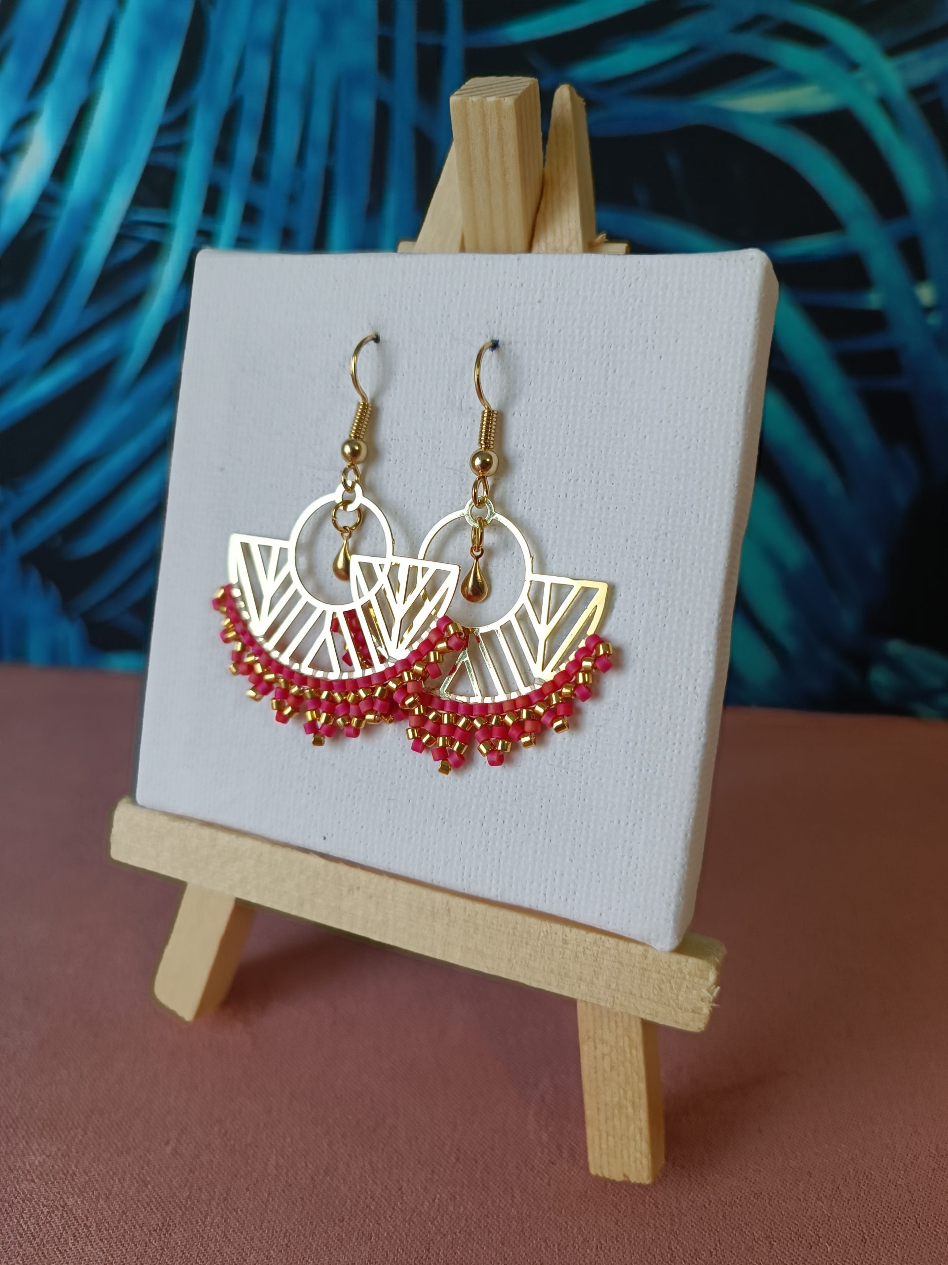 Boucles d’oreilles – Eventail doré et rose