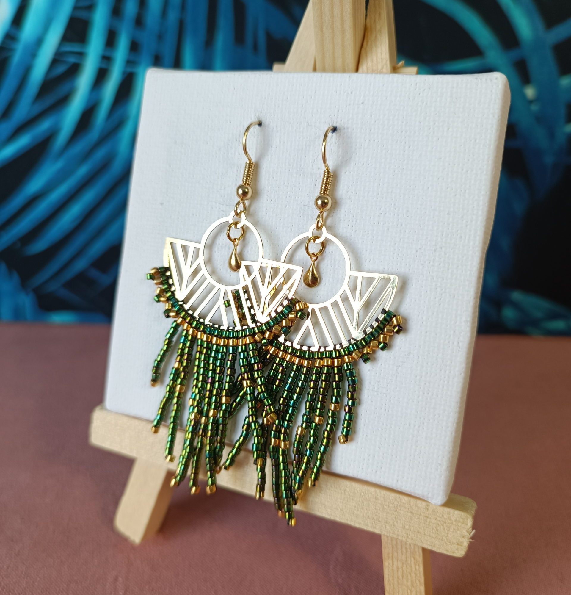 Boucles d’oreilles – Eventail doré et vert