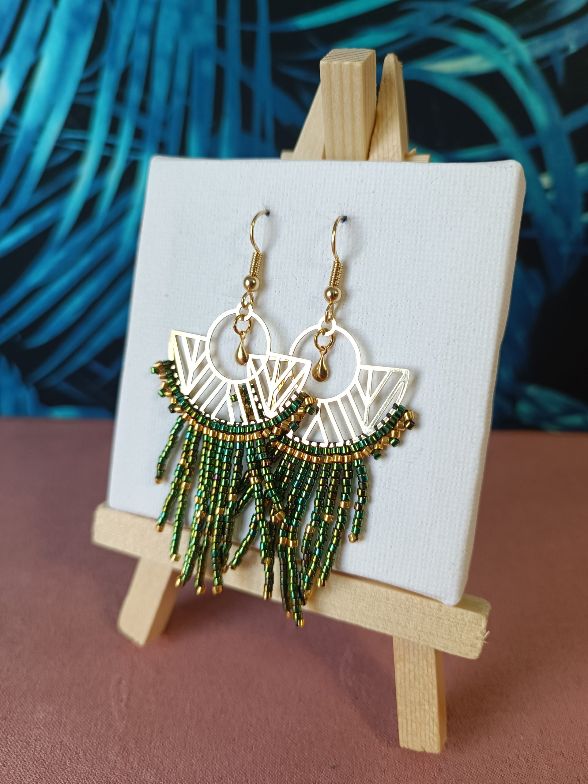 Boucles d’oreilles – Eventail doré et vert
