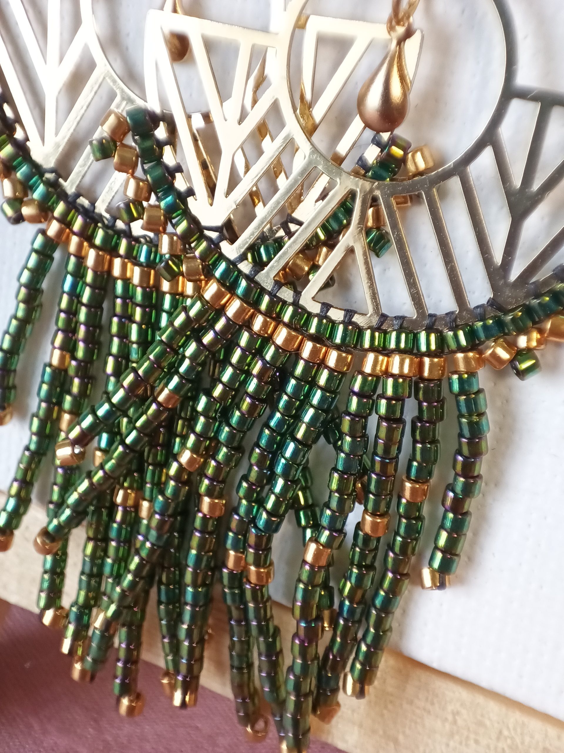 Boucles d’oreilles – Eventail doré et vert – Image 2