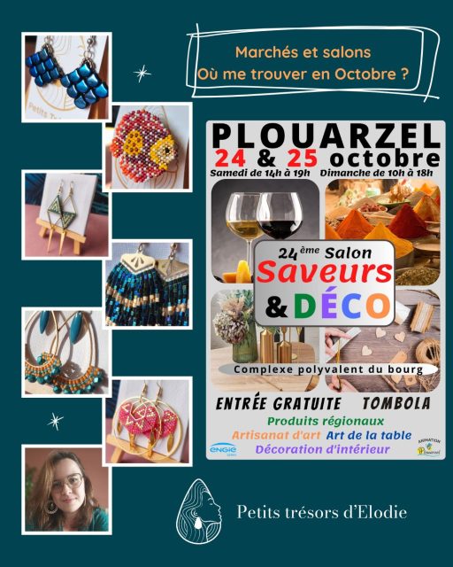 🍂✨ Rendez-vous à Plouarzel pour un week-end placé sous le signe de la gourmandise, de la créativité et du savoir-faire ! ✨🍁

Les 24 et 25 octobre, retrouvez moi au Salon Saveurs & Déco à Plouarzel pour un joli moment de découvertes et de rencontres.

📍 Plouarzel au complexe polyvalent du bourg proche de la mairie 
📅 Samedi 24 octobre — de 14h à 19h
📅 Dimanche 25 octobre — de 10h à 18h

Je serai présente avec mes créations artisanales, pour vous faire découvrir mon univers et partager avec vous ma passion pour le fait main. 💛

Au programme :
🛍️ Des créations artisanales et originales
🎨 Des pièces uniques réalisées avec passion 
🍎 Des saveurs à découvrir
🏡 De belles idées déco et des inspirations
🤝 Des créateurs et exposants à rencontrer
✨ Une ambiance conviviale pour profiter d'un agréable week-end

Que vous soyez à la recherche d'une idée cadeau, d'une jolie pièce pour votre intérieur ou simplement curieux de découvrir les savoir-faire locaux, venez faire un petit tour au salon !

Je serai ravie de vous accueillir, d'échanger avec vous et de vous faire découvrir mes créations. 

Alors, rendez-vous les 24 et 25 octobre à Plouarzel ! 

#plouarzel #salonsaveursetdeco  #artisanatlocal #FaitMain #Bretagne #IdéesCadeaux