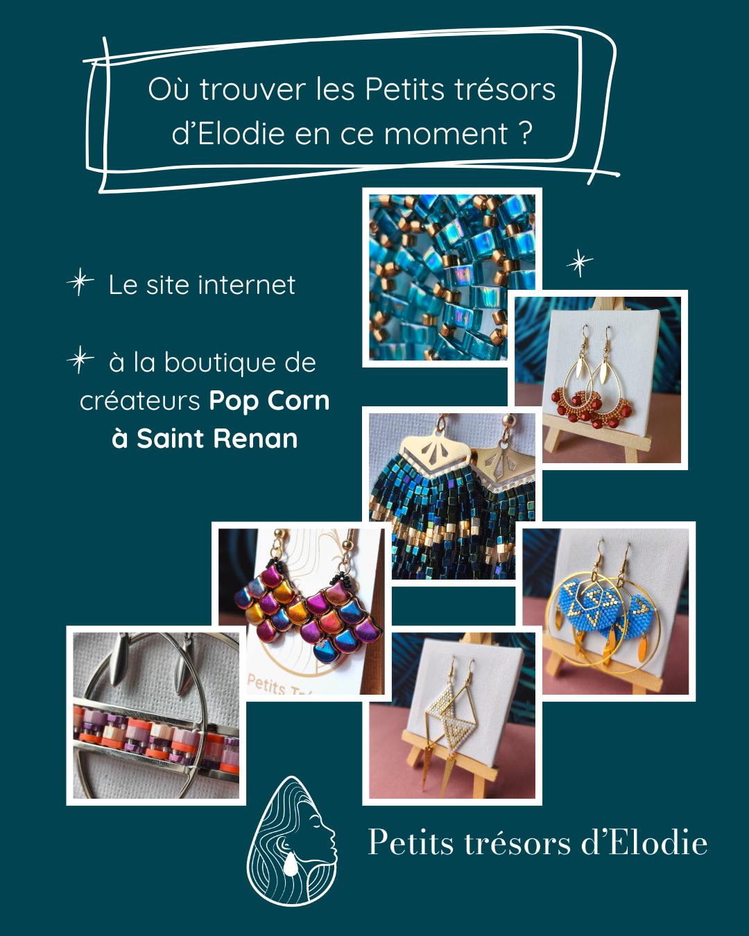 Où trouver mes créations ?! ✨

C’est très simple !

✨ Sur mon site internet (lien en bio) 
https://petits-tresors-delodie.fr/

✨ À la boutique de créateurs Pop Corn à Saint-Renan, au 37 rue Saint-Yves.
Venez y flâner, vous faire plaisir, trouver des cadeaux et découvrir les pépites des créateurs de la boutique ! 🥰 
J’y fais également quelques permanences, alors nous pourrons peut-être nous y croiser !

✨ Sur différents marchés et salons dans le secteur du Pays d’Iroise !
J’ai hâte de vous y retrouver ! 🥰

#bijouxfaitmain #madeinbretagne #cadeau #créatricebijoux #perles