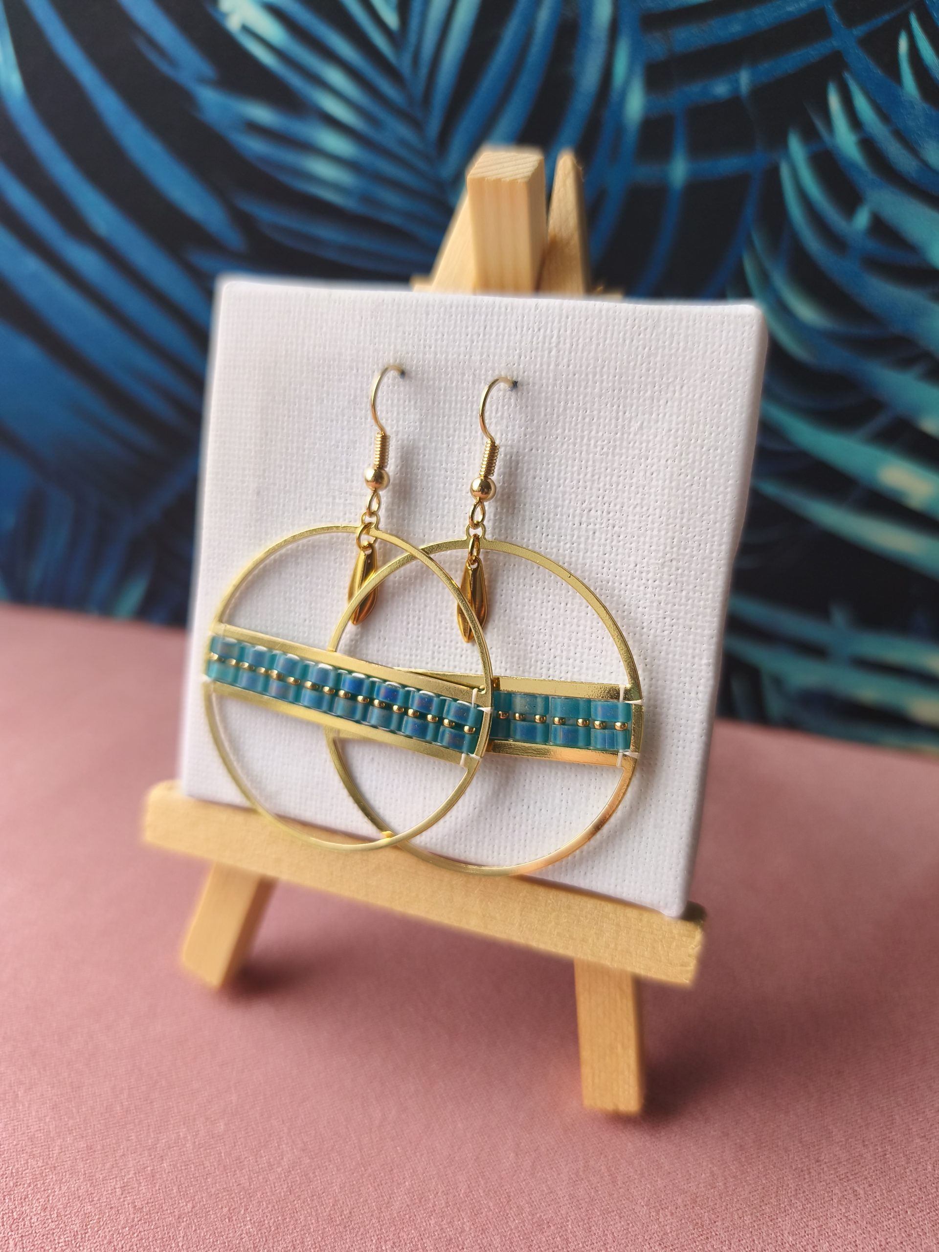 Boucles d'oreilles - Anneau 4,3 cm doré et ligne bleue