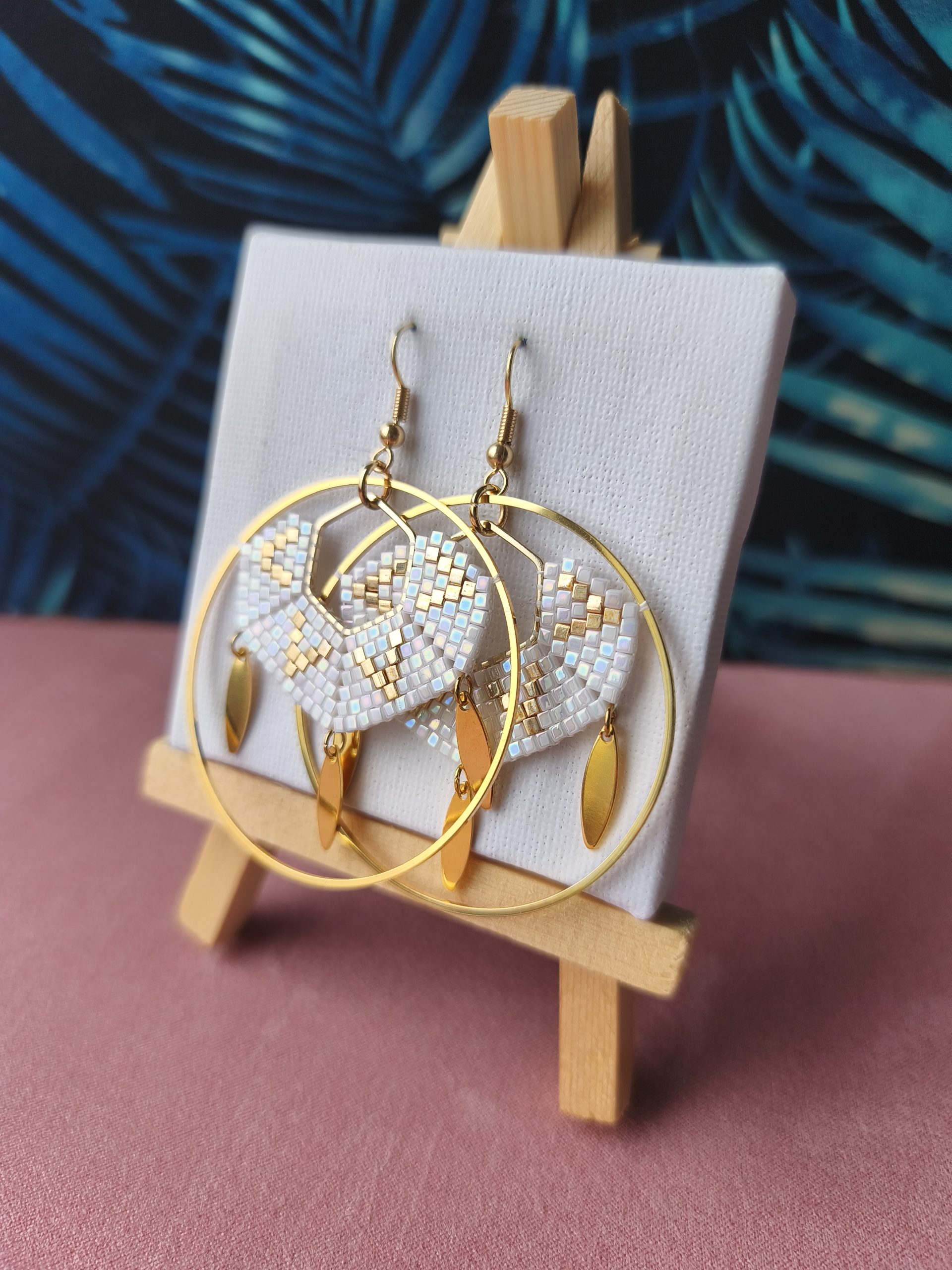 Boucles d’oreilles – Rond 5cm avec Hexagone blanc