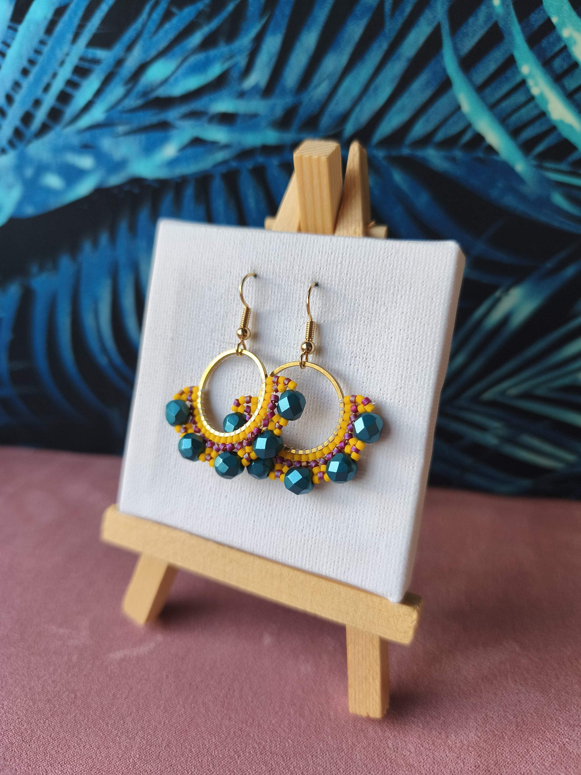 Boucles d’oreilles – Anneau 2cm doré jaune et bleu canard