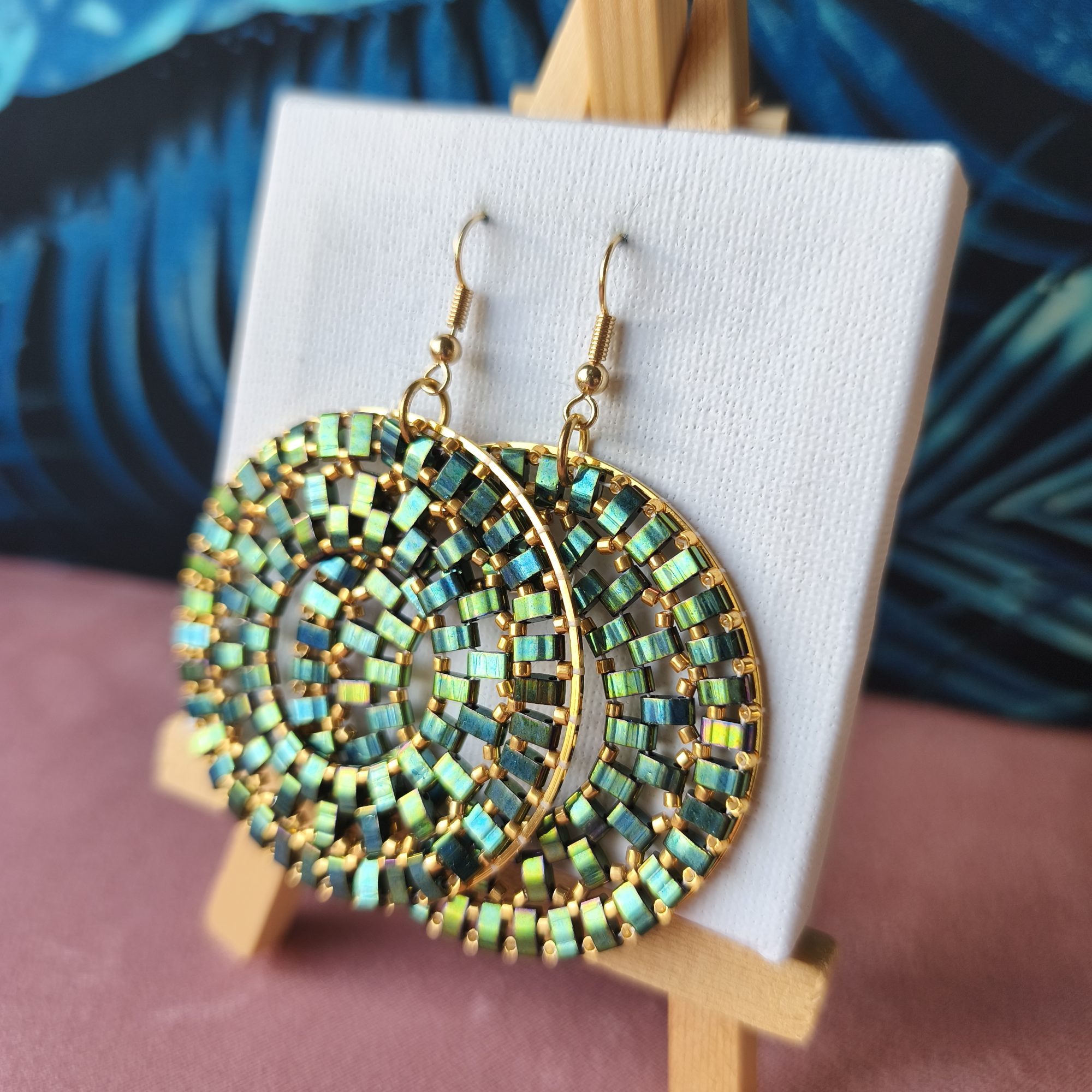 Boucles d’oreilles – Anneau 5cm bleu vert métallisé