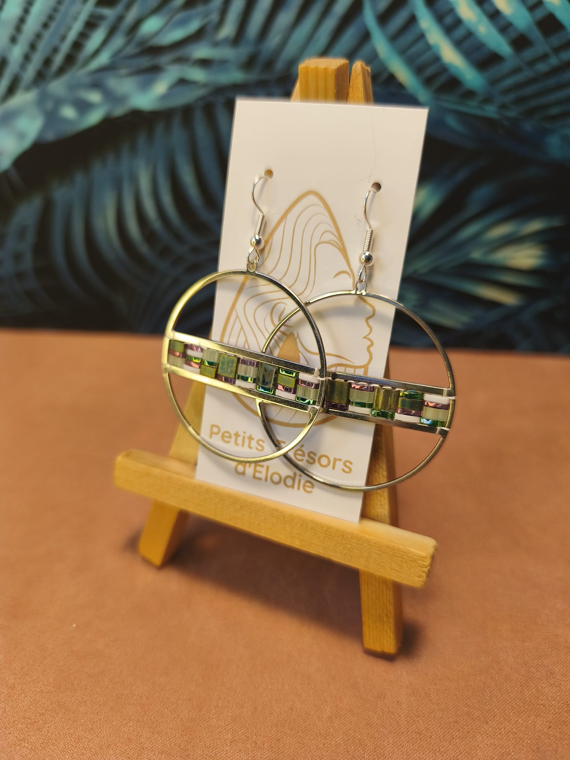 Boucles d'oreilles - Anneau 4,3 cm argenté, ligne vert et violet