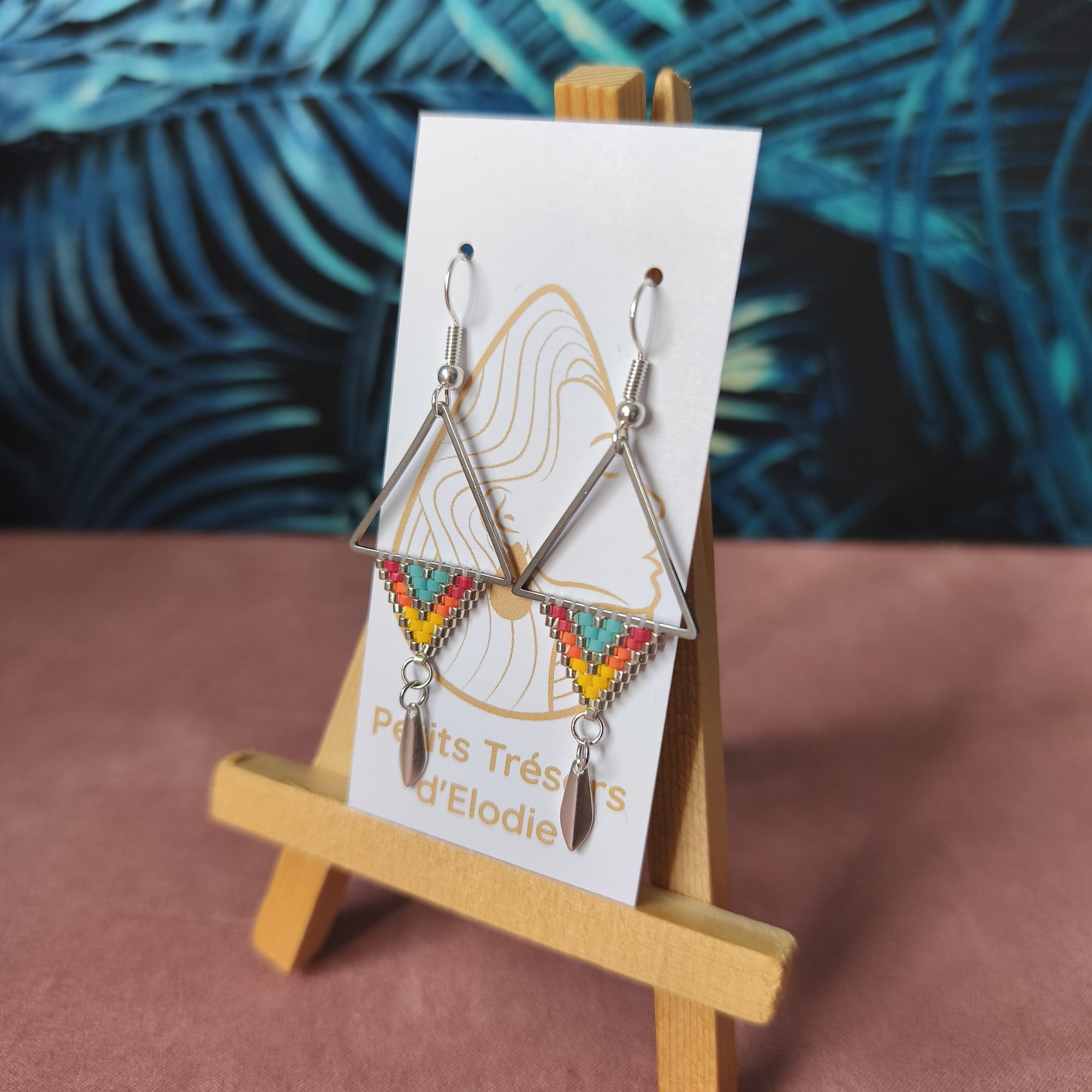 Boucles d'oreilles - Tissage sur forme triangle argenté