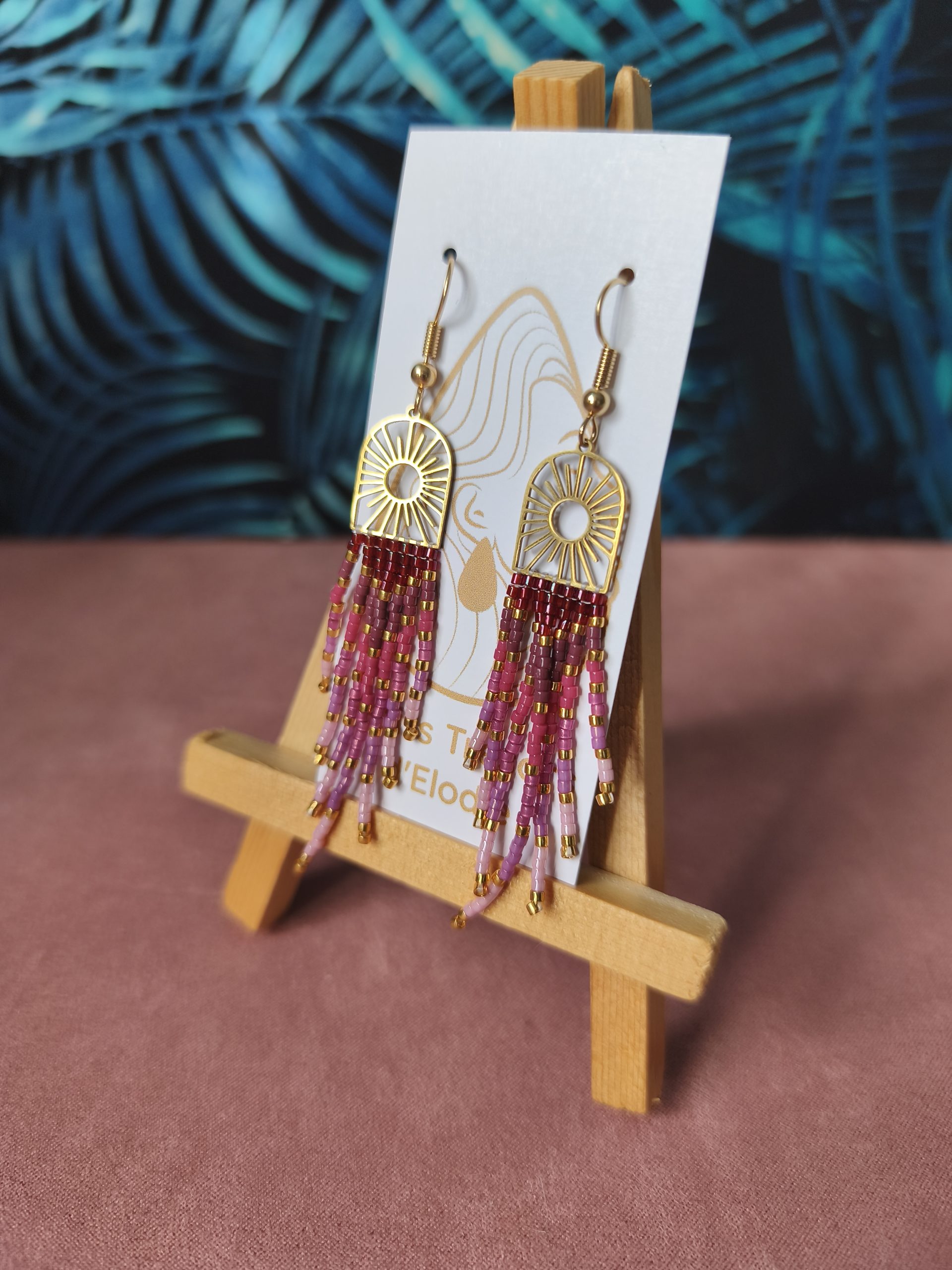 Boucles d'oreilles - Tissage sur forme soleil dégradé violet / rose