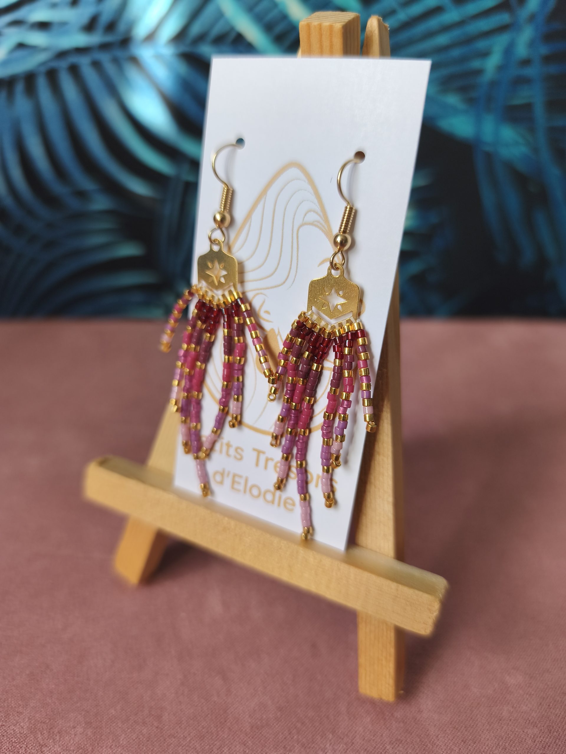 Boucles d'oreilles - Tissage sur forme étoile dégradé violet / rose